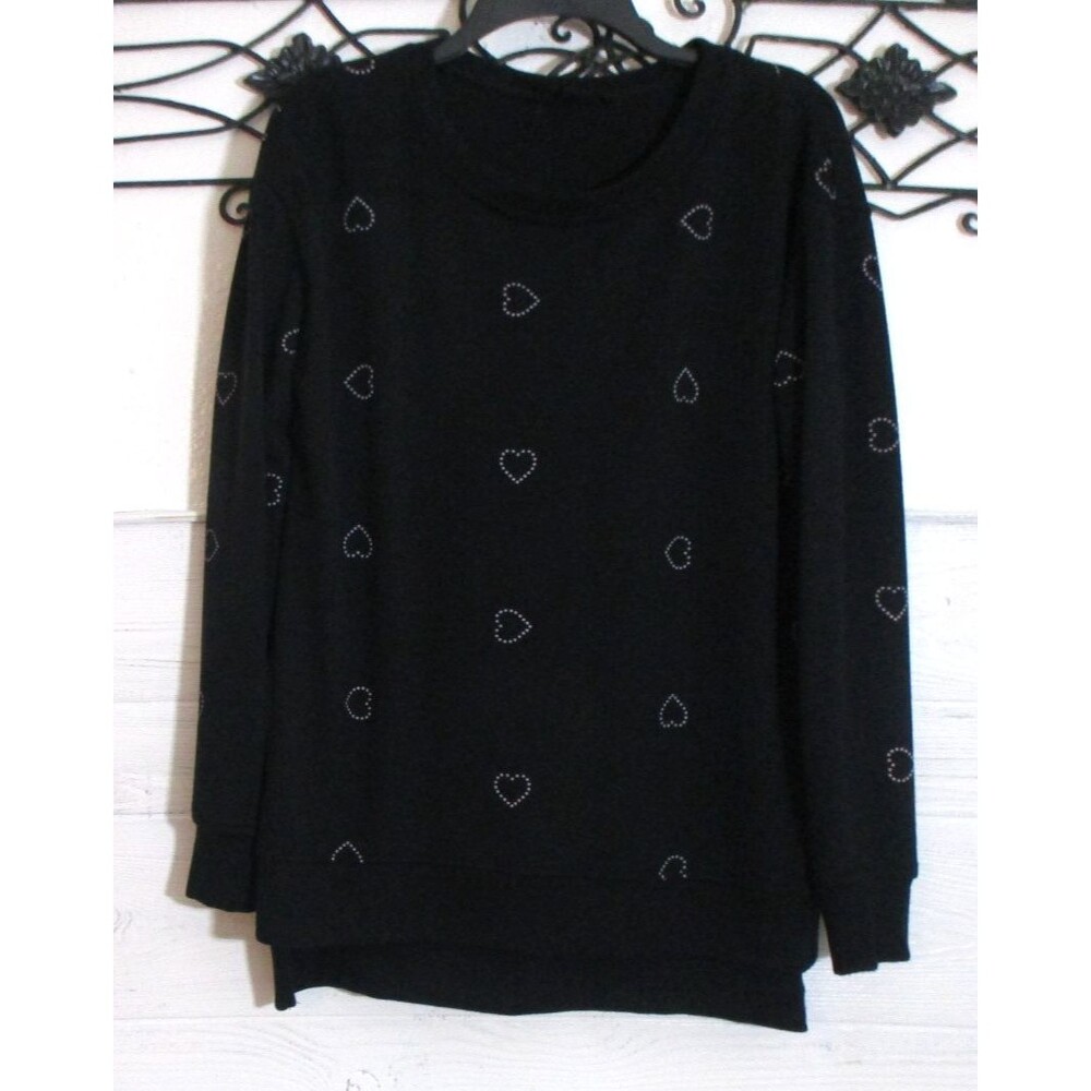 Jane & Delancey Women's Knit Top Size L Long Sleeve Black Hearts Round Neck